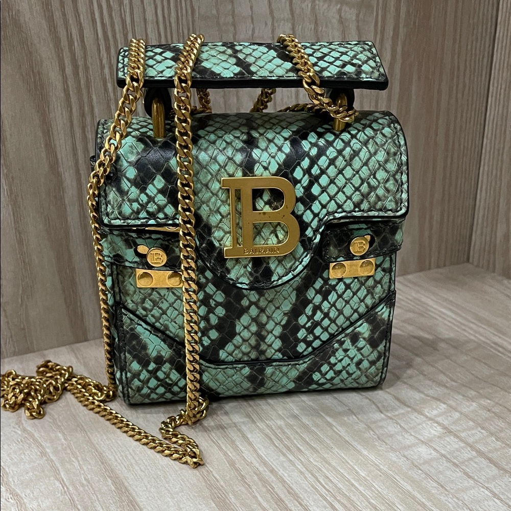 Balmain Mini Bag in Green Snake Print with Gold Accents